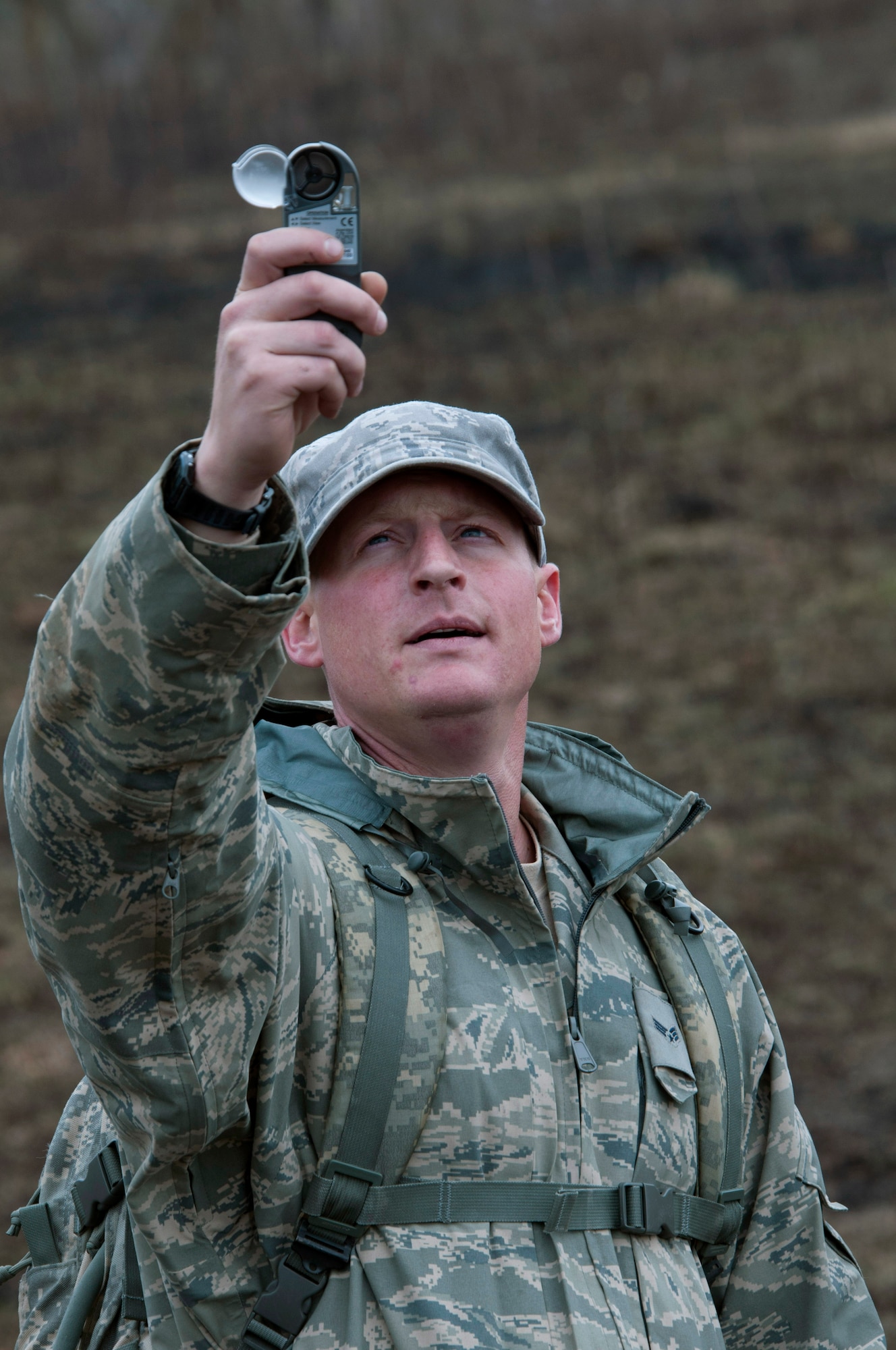 Technical Sergeant Craig Von Holton from the 208th Weather Flight of the Minnesota Air National Guard, uses a Kestral weather meter to obtain wind speed during a field training exercise at William O’Brien State Park Apr. 13, 2012. Sixteen members of the 208th along with three U.S. Marines from the Marine Wing Support Squadron 471 US Naval- Marine Corps Reserve Readiness Center Minneapolis are taking part in a field training exercise. USAF photo by Tech. Sgt. Erik Gudmundson