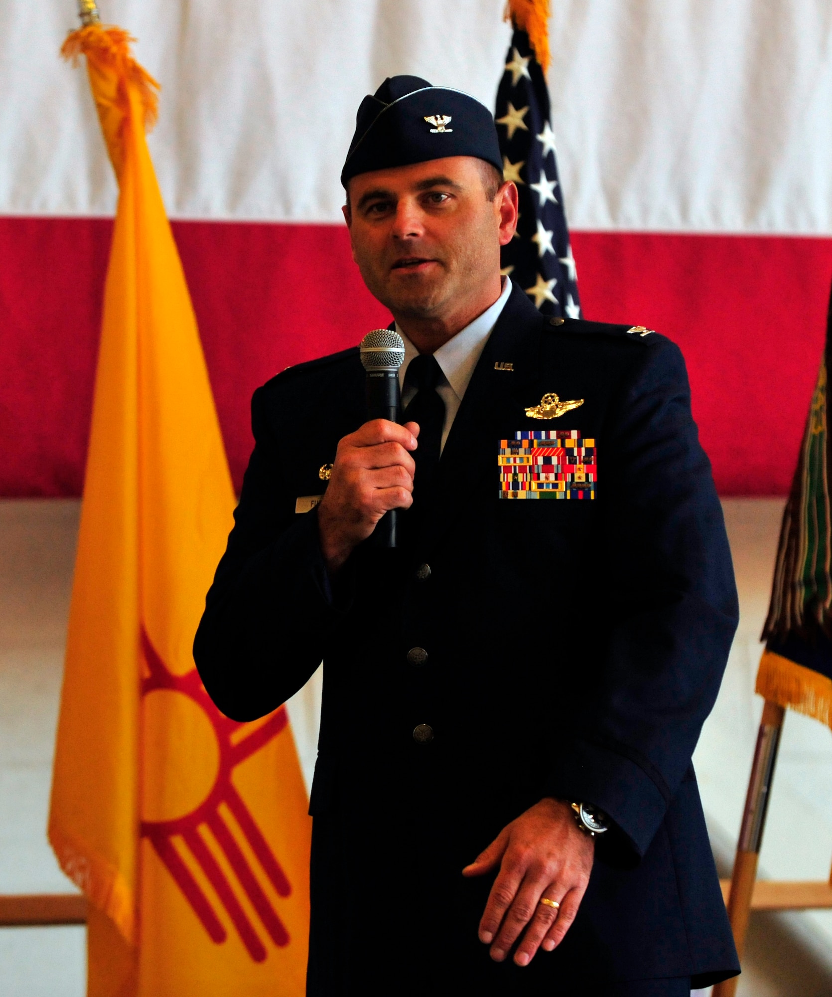 Colonel Kent Furman vows to continue the Total Force effort at Holloman during his change of command speech April 15. In his speech, he thanked the active duty leadership at Holloman for their support and praised Reserve members of the 44th Fighter Group for their dedicated service. Furman who has been with the unit since 2008, took command April 15. (U.S. Air Force photo/SrA Martha Whipple)