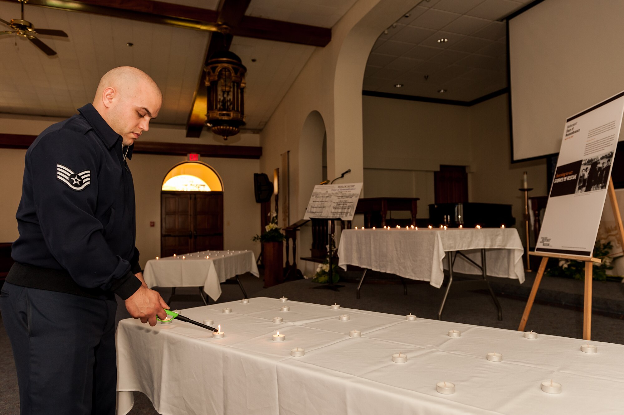A Candlelight Remembrance took place April 16 in the base chapel. The Holocaust Days of Remembrance, April 15 to 22, honored the memory and sacrifice of the many lives lost during the Holocaust in World War II. (U.S. Air Force photo/Lucas Silva)