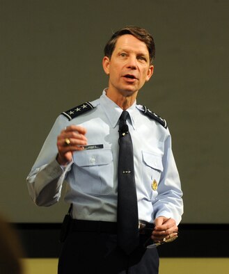 Lt. Gen. Darrell Jones speaks to attendees of the Sexual Assault Prevention and Response Leader Summit at the Smart Building on April 17, 2012 at Joint Base Andrews, Md. Jones is the deputy chief of staff for Manpower, Personnel and Services. (U.S. Air Force photo/Andy Morataya)