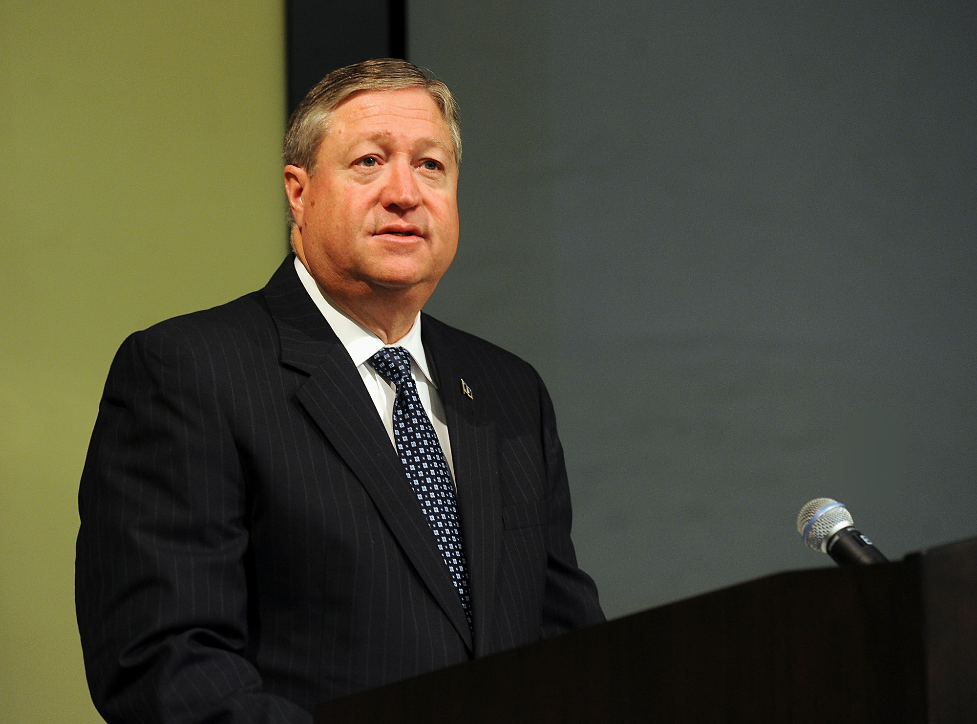 Secretary of the Air Force Michael Donley speaks to attendees of the Sexual Assault Prevention and Response Leader Summit at the Smart Building at Joint Base Andrews, Md., on April 18, 2012.  (U.S. Air Force photo/Andy Morataya)