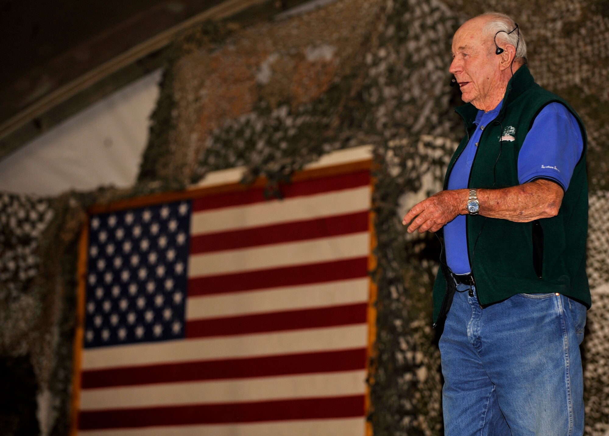 Retired Brig. Gen. Charles “Chuck” Yeager shares stories of aviation history to an audience at Bagram Airfield, Afghanistan, April 18, 2012.  When asked about Airmen today, Yeager commented that troops today are the world’s best.  He said they are well trained and good at their jobs.  Yeager is the first and youngest military pilot to be inducted into the Aviation Hall of Fame.  He is best known as the first pilot ever to fly faster than the speed of sound. (U.S. Air Force photo/Airman 1st Class Ericka Engblom) 