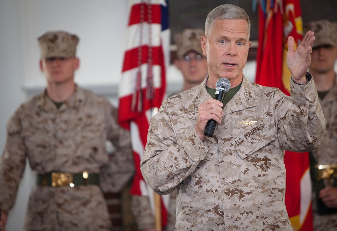 Gen. James F. Amos, the commandant of the Marine Corps, speaks to senior Marine and Navy leadership during the deactivation ceremony for II Marine Expeditionary Force (Forward), April 18, aboard Marine Corps Base Camp Lejeune, N.C. The ceremony officially marked the end of II MEF (Fwd.)’s service after the unit’s year-long deployment to Afghanistan, during which time it served as the headquarters element of NATO’s Regional Command Southwest.