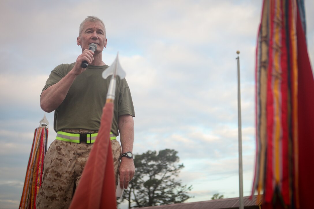 Maj. Gen. John A. Toolan, commanding general of 2nd Marine Division, speaks to his Marines after the 2nd Marine Division run aboard Marine Corps Base Camp Lejeune, April 20. In his address to the Marines, Toolan spoke about historical  Division achievements on this month in history and the importance of keeping one's honor clean. (Official U.S. Marine Corps photo by Cpl. Timothy L. Solano)