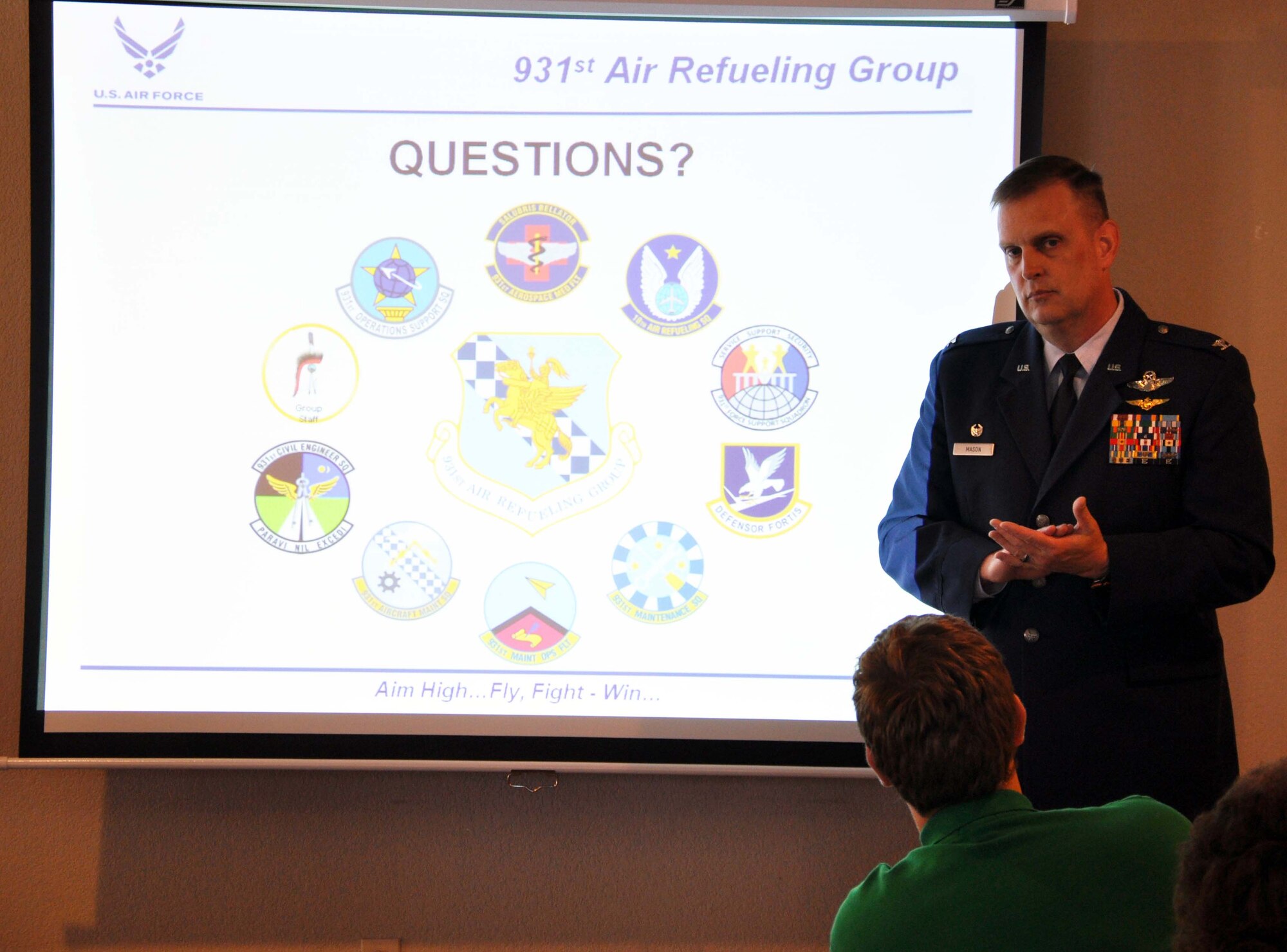 Col. William H. Mason, commander of the 931st Air Refueling Group, McConnell Air Force Base, Kan., takes questions from the audience following a speaking engagement at a luncheon hosted by the Derby Rotary Club in Derby, Kan., April 20, 2012.  Mason served as the guest speaker at the event and presented those in attendance with a unit mission brief that explained the Air Force Reserve and the role of the 931st Air Refueling Group at McConnell AFB.  (U.S. Air Force photo by 1st Lt. Zach Anderson)