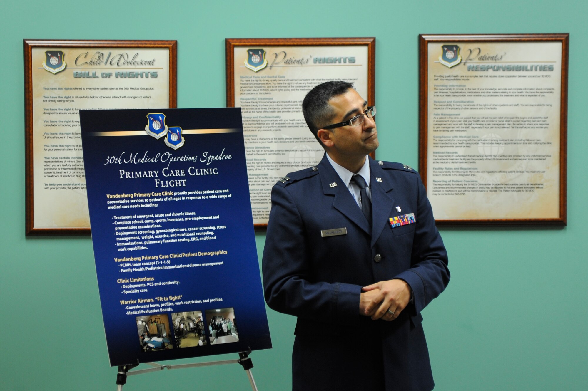 VANDENBERG AIR FORCE BASE, Calif. -- Capt. Danny Villalobos, a 30th Medical Operations Squadron physician assistant, briefs local health care providers during the Annual Provider Open House at the 30th MDG clinic here Thursday, April 19, 2012. The open house provided an open forum to build the relationship with local care providers who support Team V members. (U.S. Air Force photo/Staff Sgt. Andrew Satran) 


 