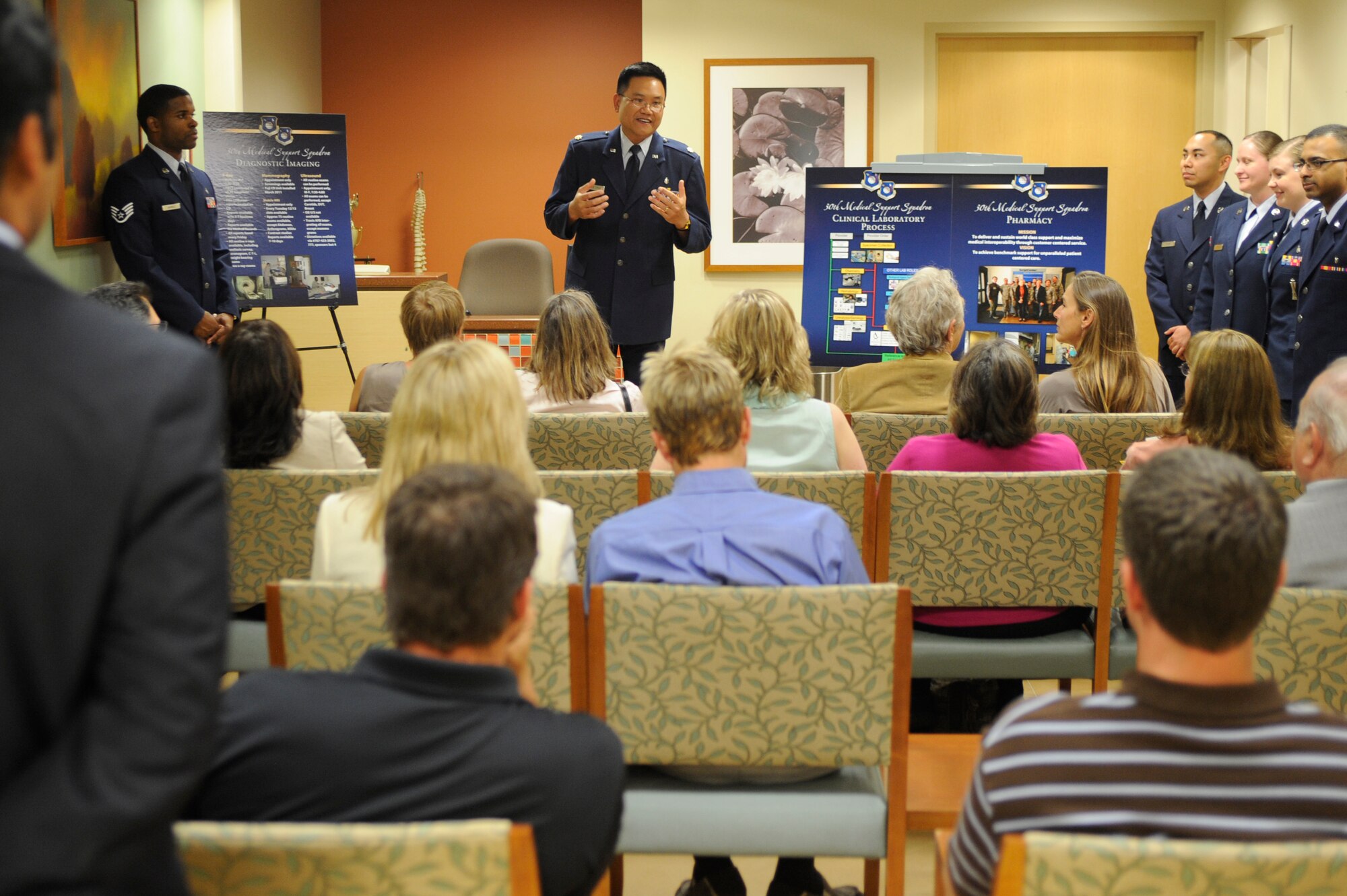VANDENBERG AIR FORCE BASE, Calif. -- Maj. Dan Vince Cruz, 30th Medical Support Squadron laboratory officer in charge, briefs local health care providers during the Annual Provider Open House at the 30th MDG clinic here Thursday, April 19, 2012. The open house provided an open forum to build the relationship with local care providers who support Team V members. (U.S. Air Force photo/Staff Sgt. Andrew Satran) 


 