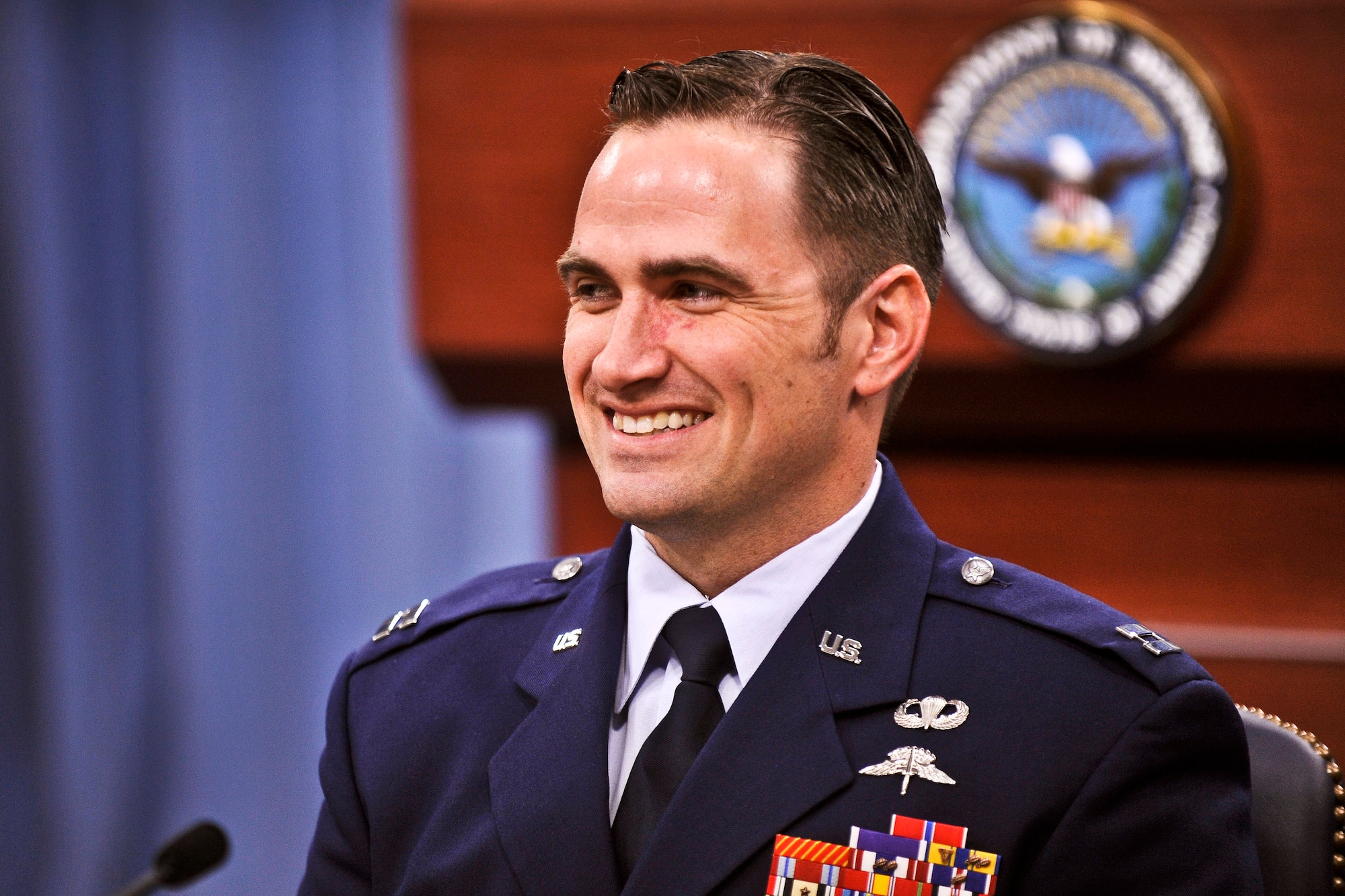Maryland Air National Guard Capt. Barry F. Crawford Jr. was presented the Air Force Cross during a ceremony at the Pentagon April 12, 2012, for his heroism during his service as a Special Tactics Officer while deployed to Afghanistan. On May 4, 2010, Crawford - while attached to an Army Special Forces Operational Detachment Alpha and its Afghan partner force - was instrumental in saving the lives of three Afghan soldiers and evacuated two Afghans killed in action. (Defense Department photo By Glenn Fawcett)(Released)