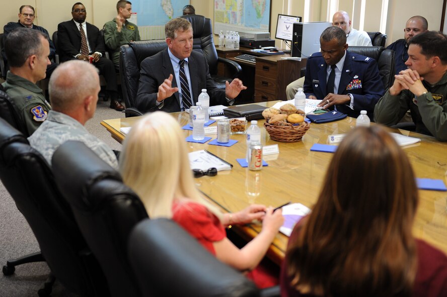 Terry Yonkers, Assistant Secretary of the Air Force for Installations, Environment and Logistics, discusses issues and concerns with Avon Park and Moody Air Force Base staff members at Avon Park Air Force Range, Fla., April 18, 2012. The meeting gave visitors and staff members from both installations the opportunity to highlight major issues including a budget cut the environmental flight received  (U.S. Air Force photo by Staff Sgt. Ciara Wymbs)   