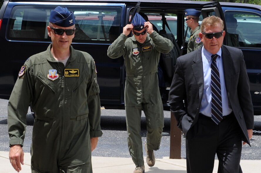 Terry Yonkers, Assistant Secretary of the Air Force for Installations, Environment and Logistics, is escorted by U. S. Air Force Col. Billy Thompson, 23d Wing commander, and Lt. Col. Paul Neidhardt, Detachment 1, 23d Wing commander, during a visit to Avon Park Air Force Range, Fla., April 18, 2012. Yonkers visited to gain a better understanding of interests and challenges the range faces within its local community and Moody Air Force Base. (U.S. Air Force photo by Staff Sgt. Ciara Wymbs)
