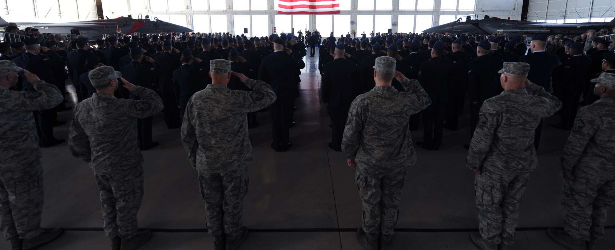 Gunfighters render the first salute to U.S. Air Force Col. Christopher Short as he assumes command of 366th Fighter Wing April 20, 2012, Mountain Home Air Force Base, Idaho. Short is arriving from Moody Air Force Base, Ga., where he was the vice wing commander. (U.S. Air Force photo/Airman 1st Class Jonathan Glanville)