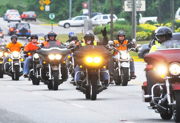 Motorcyclists traveled through Warner Robins, Perry, Fort Valley and Byron, and back to the Museum of Aviation as part of the "See Me, Save Me" campaign, which was designed to educate automobile and motorcycle drivers alike about mutual respect and awareness on roadways. Base leaders continue to be concerned about motorcycle safety, especially in the heat of the summer. (U. S. Air Force file photo by Sue Sapp) 

