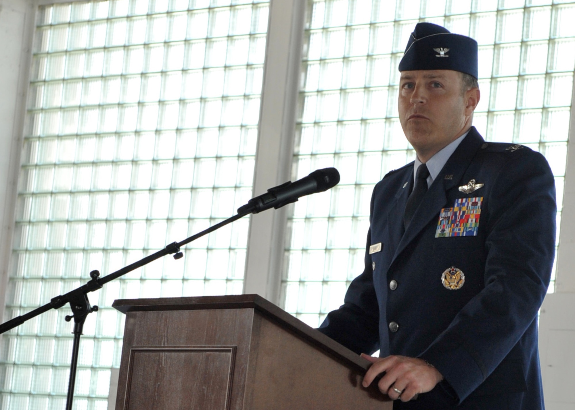 U.S. Air Force Col. Christopher M. Short, incoming 366th Fighter Wing commander, addresses the wing for the first time as their new commander April 20, 2012, at Mountain Home Air Force Base, Idaho. Short is a command pilot with more than 3,300 hours of total flying time in the T-38, A/OA-10A and F-15E, and 243 combat hours in the A/OA-10 and F-15E. (U.S. Air Force photo/Airman 1st Class Heather Hayward)