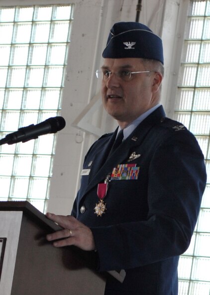 U.S. Air Force Col. Ron Buckley, outgoing 366th Fighter Wing commander, speaks to the Wing for his final time as their commander April 20, 2012, at Mountain Home Air Force Base, Idaho. While here Buckley led an operational fighter wing of more than 4,300 military and civilian members, and three squadrons of fighter aircraft which includes a Republic of Singapore squadron of F-15SG fighter aircraft. (U.S. Air Force photo/Airman 1st Class Heather Hayward)