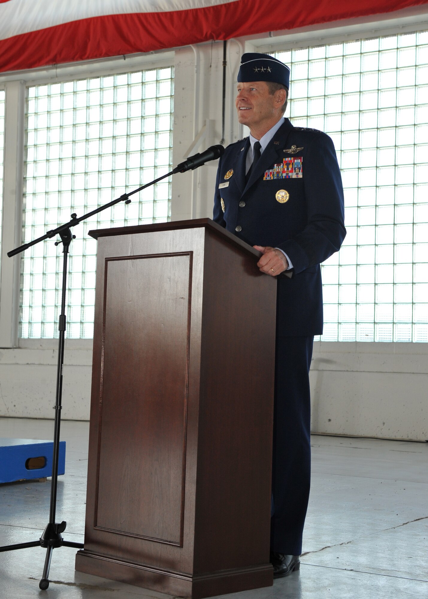 U.S. Air Force Lt. Gen. Robin Rand, commander of 12th Air Force, Air Combat Command, speaks to members of the 366th Fighter Wing April 20, 2012, at Mountain Home Air Force Base, Idaho. Rand is a command pilot with more than 4,970 flying hours, including more than 470 combat hours. (U.S. Air Force photo/Airman 1st Class Heather Hayward)