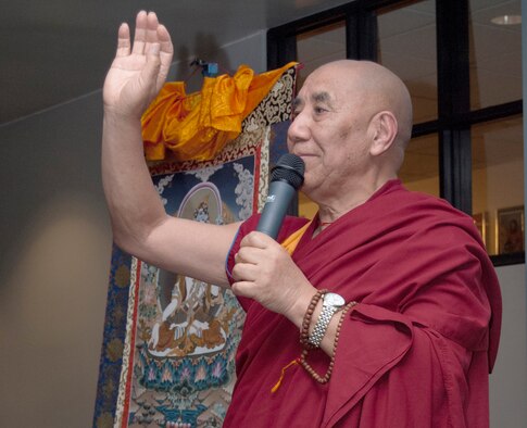 Khen Rinpoche Geshe Kachen Lobzang Tsetan speaks at a discussion on generosity and Buddhism in Arnold Hall April 16, 2012. Tsetan, a native of Ladakh, India, is the head abbott of the Tashi Lumpo Monastery in India and founder of the Siddartha School, which provides education in science, languages and Tibetan Buddhism to children in India's Himalayan area. (U.S. Air Force photo/Don Branum)