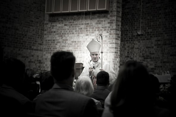 Archbishop Timothy Broglio, Archdiocese for Military Services, USA, speaks to the members of the Confirmation Mass at Moody Air Force Base, Ga., April 16, 2012.  Confirmation Mass was just one part of the archbishop’s visit; he also met with the parish and its community.(U.S. Air Force Photo by Airman 1st Class Paul Francis/Released)


