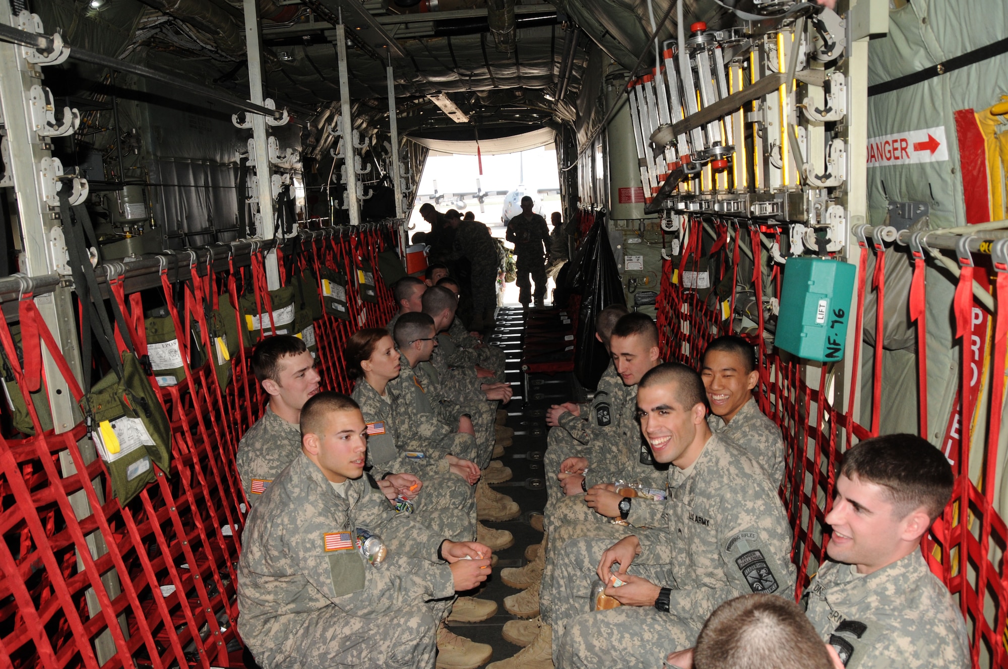 Canisius College Army ROTC Battalion Cadets enjoy flying for the first time with the 107th Airlift Wing on a C-130 aircraft for real world Army deployment training. April 19, 2012 (U.S.Air Force Photo/Senior Master Sgt. Ray Lloyd)
