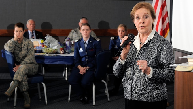 Marion Blumenthal Lazan speaks to cadets in Mitchell Hall April 17, 2012, about her experiences during World War II in the Bergen-Belsen concentration camp, located in northwestern Germany. She told the audience, "I do recognize the importance of sharing that period of history because in a few short years, Holocaust survivors will no longer be able to give a firsthand account of it." (U.S. Air Force photo/Raymond McCoy)