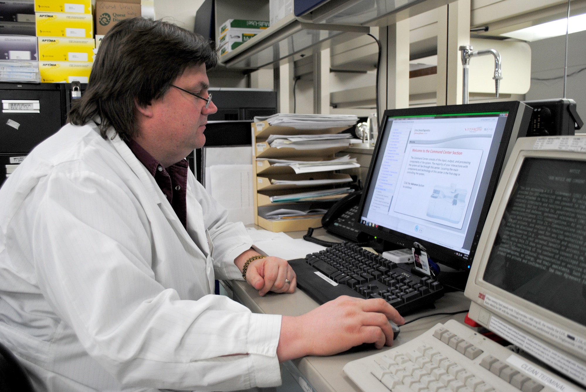 Geoff Fallon, 341st MDSS medical lab technician/floor supervisor, reviews some quality control information via computer. Fallon has been a part of Malmstrom's medical laboratory since 1993. (U.S. Air Force photo/Airman 1st Class Katrina Heikkinen)