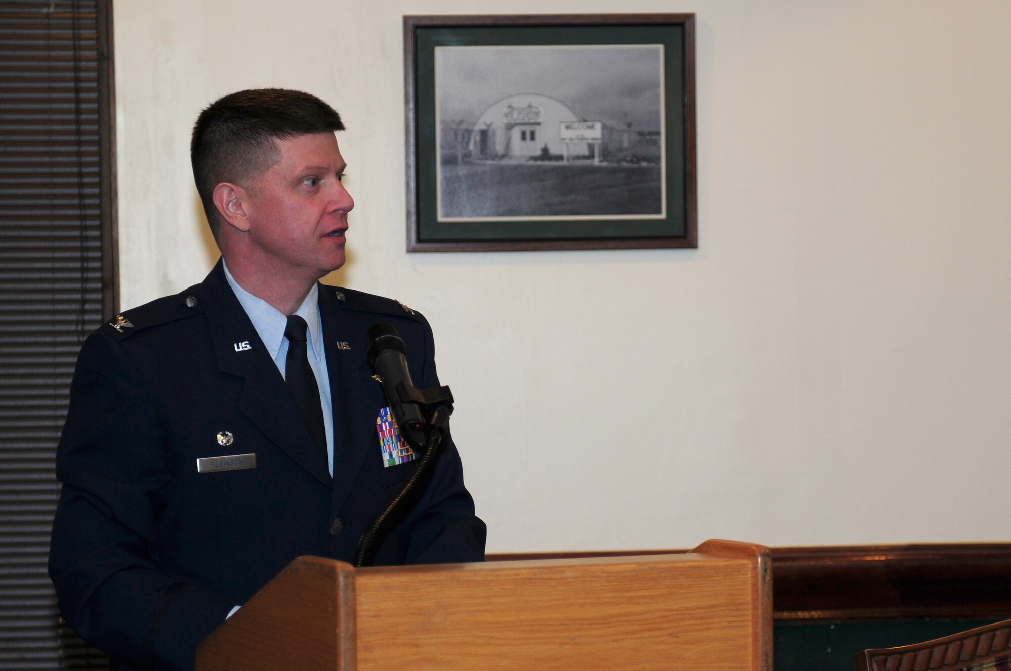 ROYAL AIR FORCE LAKENHEATH, England – Col. Kyle Robinson, 48th Fighter Wing commander, speaks to members of the 48th FW and 100th Air Refueling Wing during the Holocaust Remembrance luncheon April 19, 2012. Holocaust Remembrance Day is commemorated during the month of April to remember the victims of Nazi Germany during World War II.  (U.S. Air Force photo by Airman 1st Class Cory D. Payne)