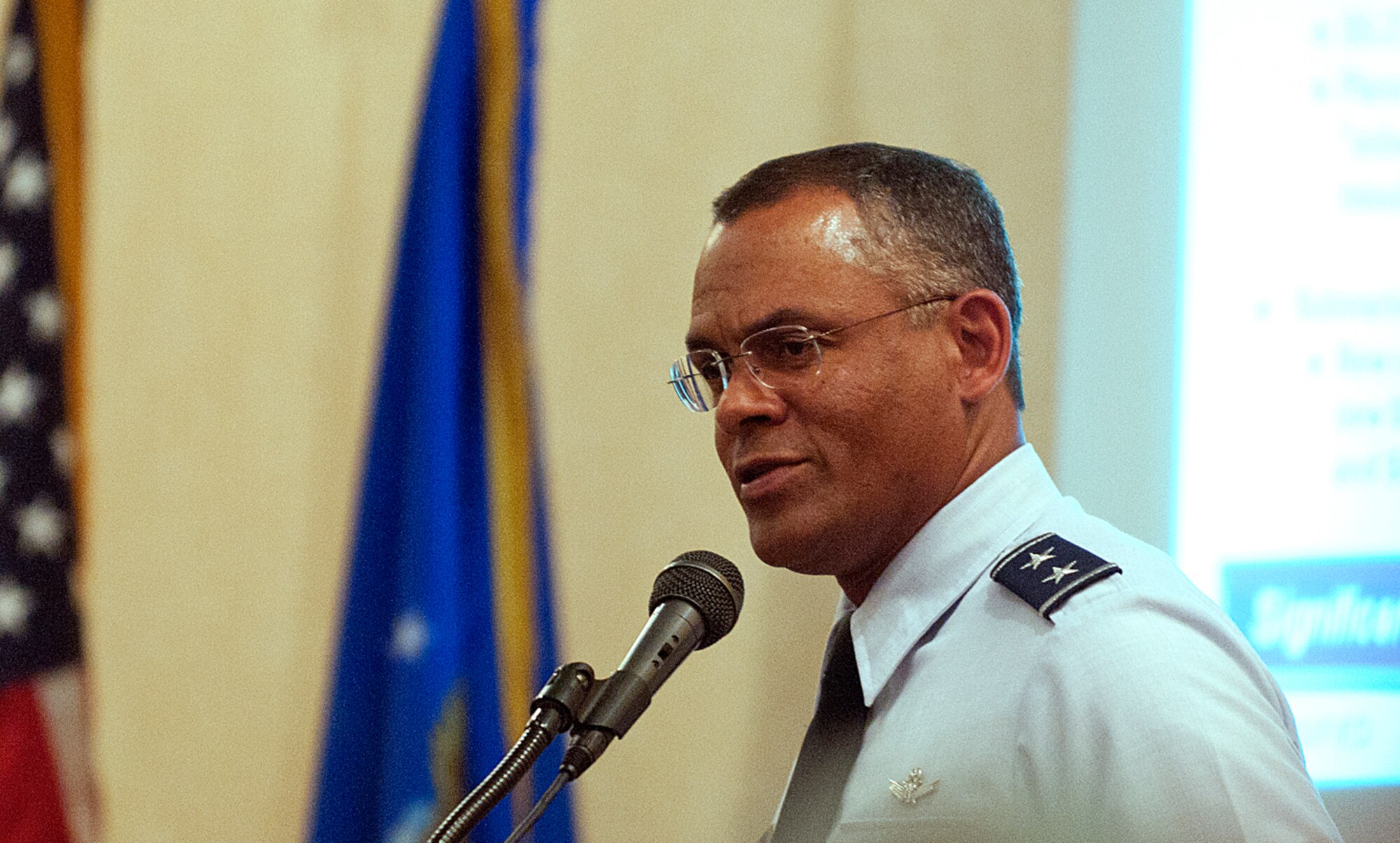 Maj. Gen. Everett Thomas, Air Force Global Strike Command vice commander, addresses the Air Force Association Cowboy Chapter 357 members during the Community Partner Recognition Luncheon in the Plains Hotel, Cheyenne, Wyo., April 10. (U.S. Air Force photo by R.J. Oriez)