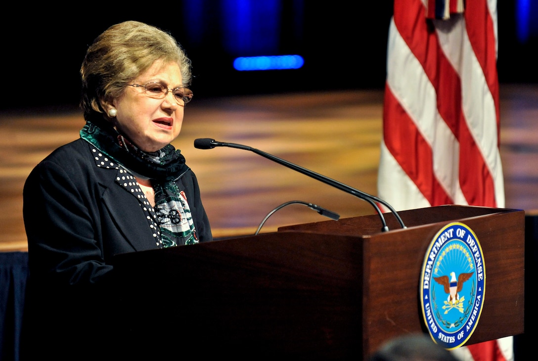 Holocaust survivor Charlene Schiff talks about her personal experience during the Holocaust Remembrance Day event at the Pentagon, April 19, 2012.