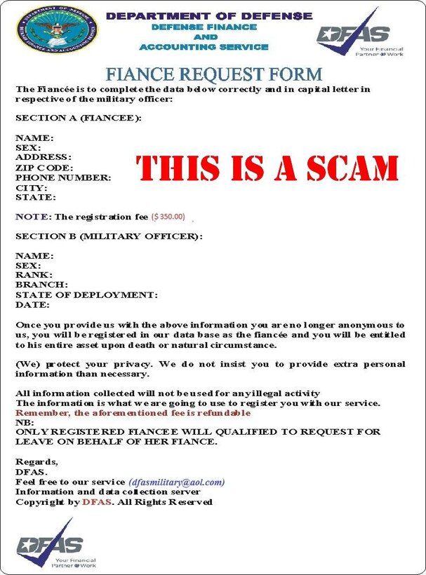 The fraudulent document purporting to be from the Defense Finance and Accounting Service contains some errors that speak of possible foreign origin. The only thing sending the requested fee to the address on the document will do, said DFAS officials, is to cause the loss of $350.