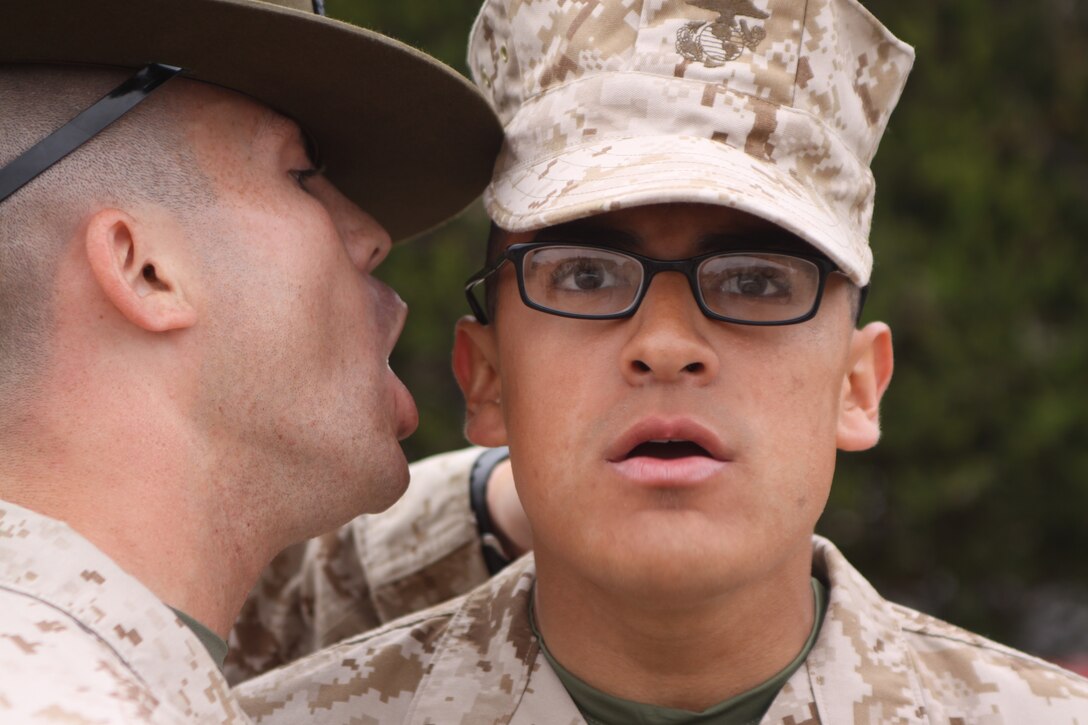 Sgt. Joshua McGee, drill instructor, Company D, 1st Recruit Training Battalion, yells at a recruit during Co. D's Senior Drill Instructor Inspection April 20 aboard Marine Corps Recruit Depot. This was Co. D's first inspection since they arrived aboard the depot three weeks prior. Various drill instructors from Co. D inspect all of the platoons, creating a stressful enviroment for the recruits.