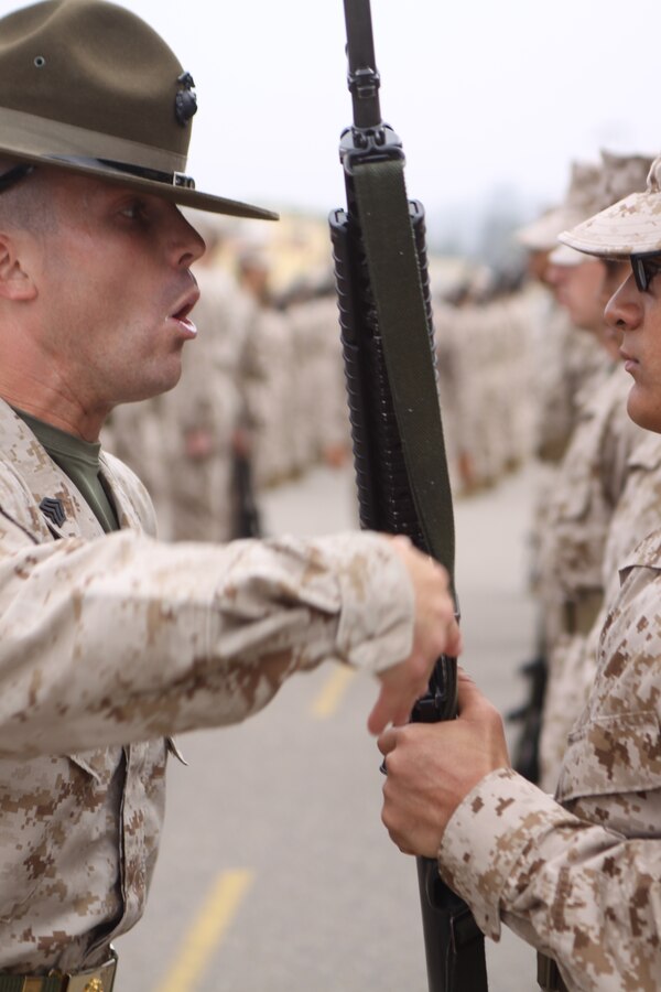 Sgt. McGee, drill instructor, Company D, 1st Recruit Training Battalion, inspects recruits during their Senior Drill Instructor Inspection April 20 aboard Marine Corps Recruit Depot. This was Co. D's first inspection since they arrived aboard the depot three weeks prior. Various drill instructors from Co. D inspect all of the platoons, creating a stressful enviroment for the recruits.