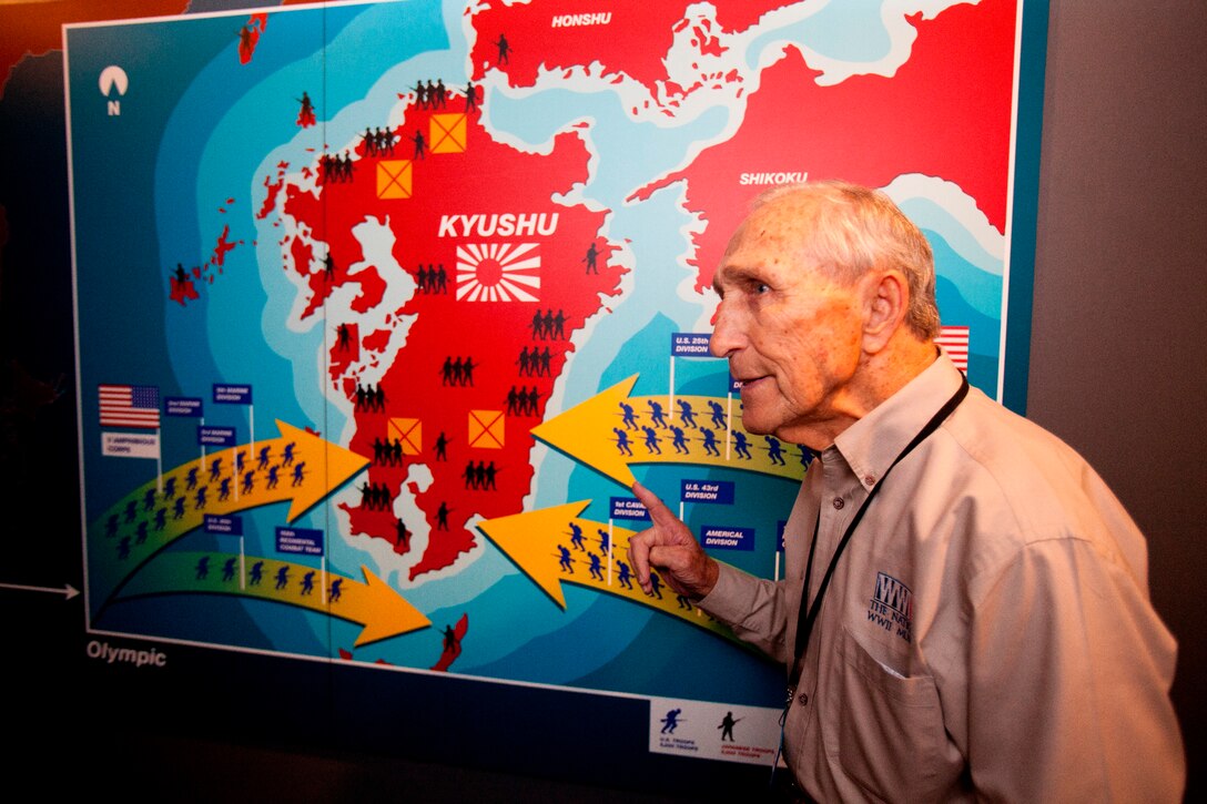 Bert Stolier, a Marine Raider who volunteers at the National World War II Museum in New Orleans, talks to a group of 26th Marine Expeditionary Unit Marines about his experiences in the Pacific, April 21, 2012. The 26th MEU is providing support to the commemoration of the Battle of New Orleans. Starting April and continuing through 2015, the Navy, Marine Corps, and Coast Guard will commemorate the Bicentennial of the War of 1812 and the Star Spangled Banner. The War of 1812 celebration will commemorate the rich Naval history and showcase the capabilities of today's Navy-Marine Corps team. (Official Marine Corps photo by Lance Cpl. Scott L. Tomaszycki)