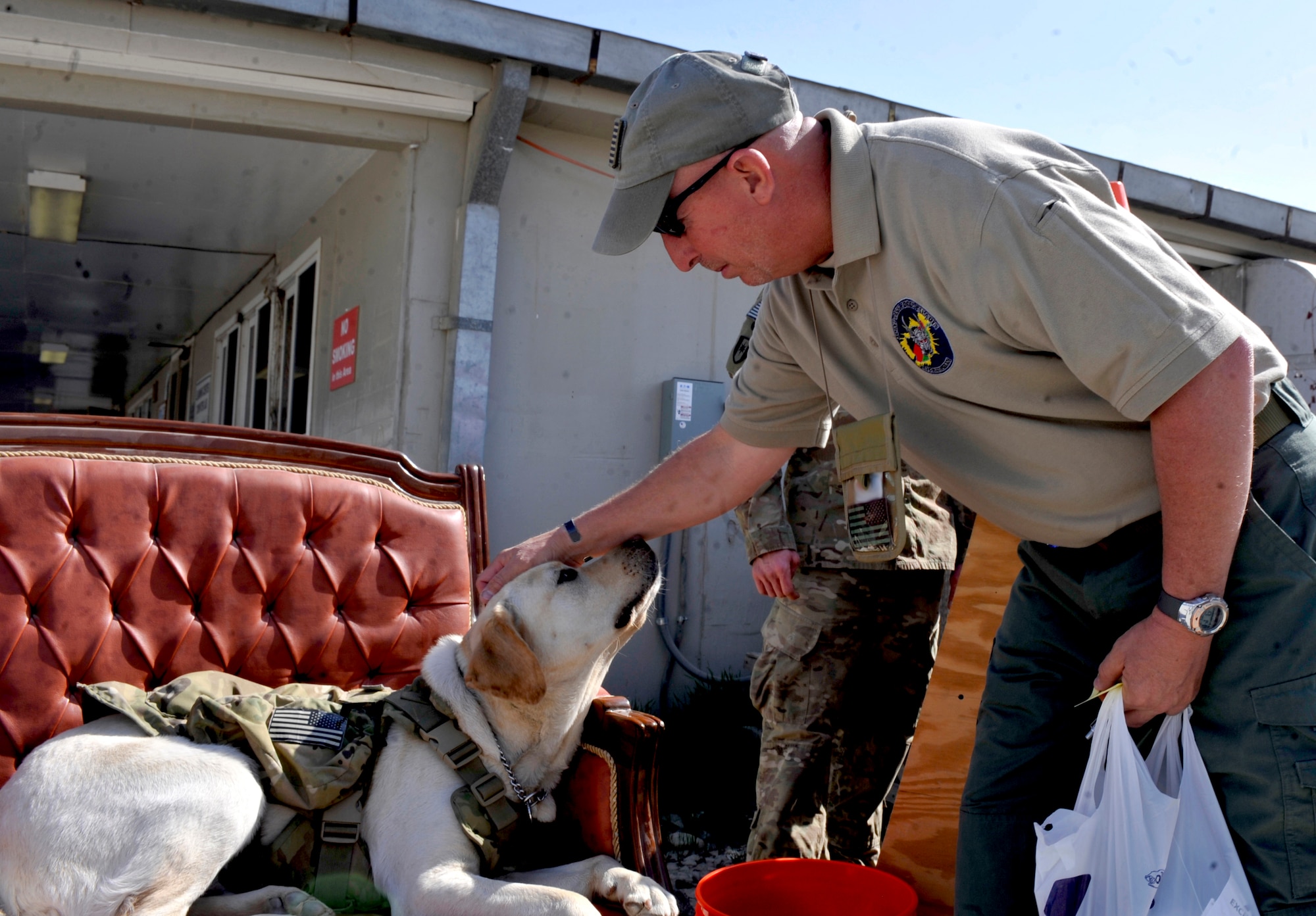 Major Timmy receives pats and praises while working at a promotion event at Bagram Airfield, Afghanistan, April 13, 2012. Timmy is a combat stress therapy dog with the 528th Combat and Operational Stress Control Team. He appears at many of the COSC’s events and visits with multiple squadrons throughout Regional Command-East. (U.S. Air Force photo/Airman 1st Class Ericka Engblom)