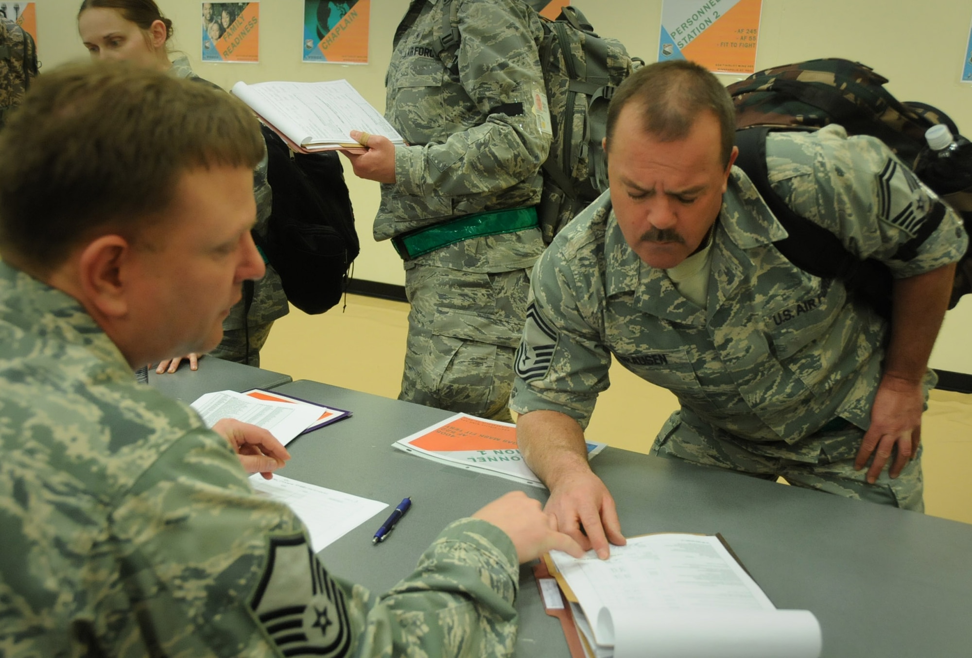 Senior Master Sgt. James Brausen, processes administratively as part of the Readiness Assistance Visit.  The 2012 RAV, conducted April 21-28,  helps the unit prepare for the 2013 Operational Readiness Inspection by conducting deployment and operational scenarios.  The scenarios and related training begin at the Minneapolis Air Reserve Station with most of the training conducted at the Air National Guard Combat Readiness Training Center, Gulfport, Miss.(U.S. Air Force photo by Tech Sgt. Bob Sommer)