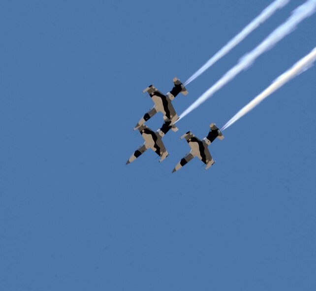 Black Diamond Jet Team pilots fly above a crowd of spectators on the flightline at the 2012 Barksdale Air Force Base Defenders of Liberty Air Show April 21. The Black Diamond Jet Team was one of several aerial acts that performed during the air show, headlined by the U.S. Air Force Thunderbirds. (U.S. Air Force photo/Airman 1st Class Joseph A. Pagán Jr.)(RELEASED)