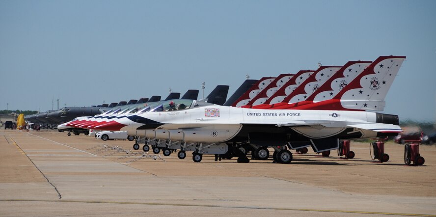 U.S. Air Force Thunderbird pilots start their aircraft engines in preparation for their performance during the 2012 Barksdale Air Force Base Defenders of Liberty Air Show April 21. The Thunderbirds Squadron has 12 officers and 120 enlisted Airmen, representing nearly 30 career fields, assigned to them. (U.S. Air Force photo/Airman 1st Class Micaiah Anthony)(RELEASED) 