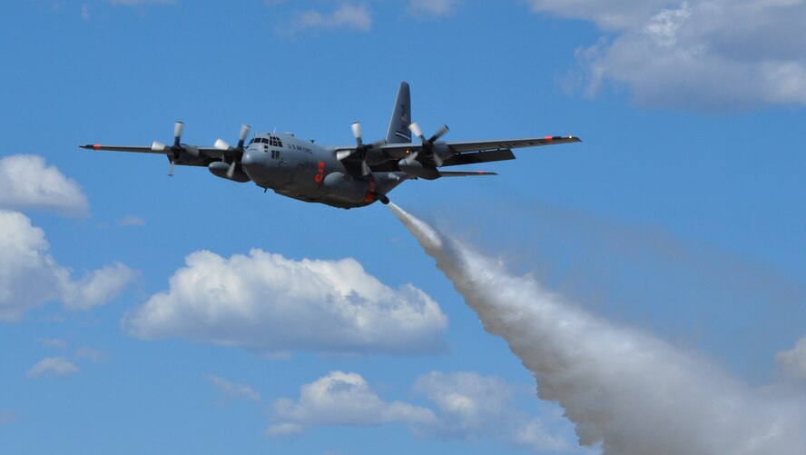 PETERSON AIR FORCE BASE, Colo. -- An Air Force Reserve C-130 Hercules aircraft expels water during a capabilities demonstration April 23, 2012, here as part of annual Modular Airborne Fire Fighting System II certification. The U.S. Forest Service-led training, hosted by the 302nd Airlift Wing, certified aerial firefighting C-130 crews to perform the MAFFS mission. The 302nd AW is the only AF Reserve unit with MAFFS
capabilities. (U.S. Air Force photo/Tech. Sgt. Daniel Butterfield)
