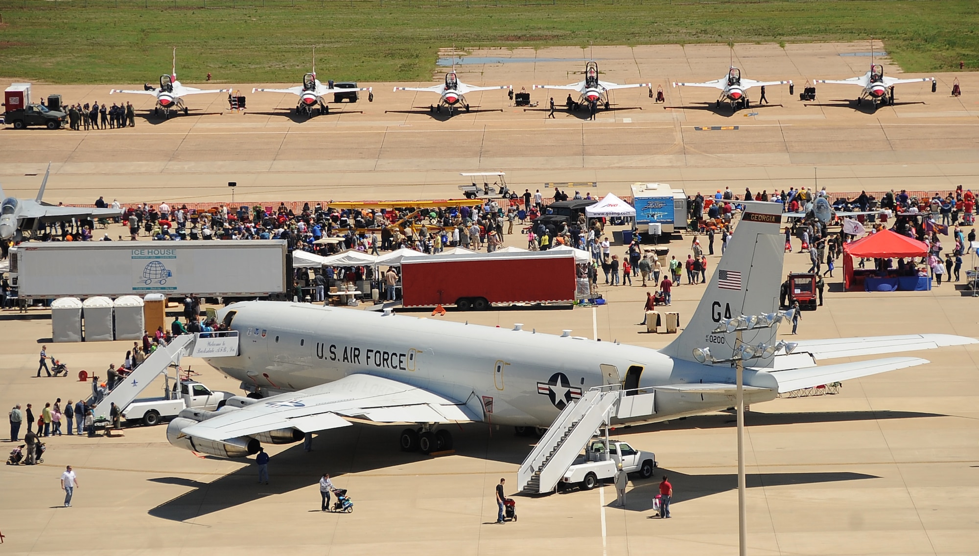 A Joint Surveillance Target Attack Radar System aircraft sits on display for spectators to view at the 2012 Barksdale Air Force Base Defenders of Liberty Air Show April 21. The annual base air show provides the 2nd Bomb Wing an opportunity to showcase the Air Force mission and to say thanks to the Shreveport-Bossier community for generously supporting Barksdale Air Force Base. (U.S. Air Force photo/Staff Sgt. Amber Ashcraft) (RELEASED)