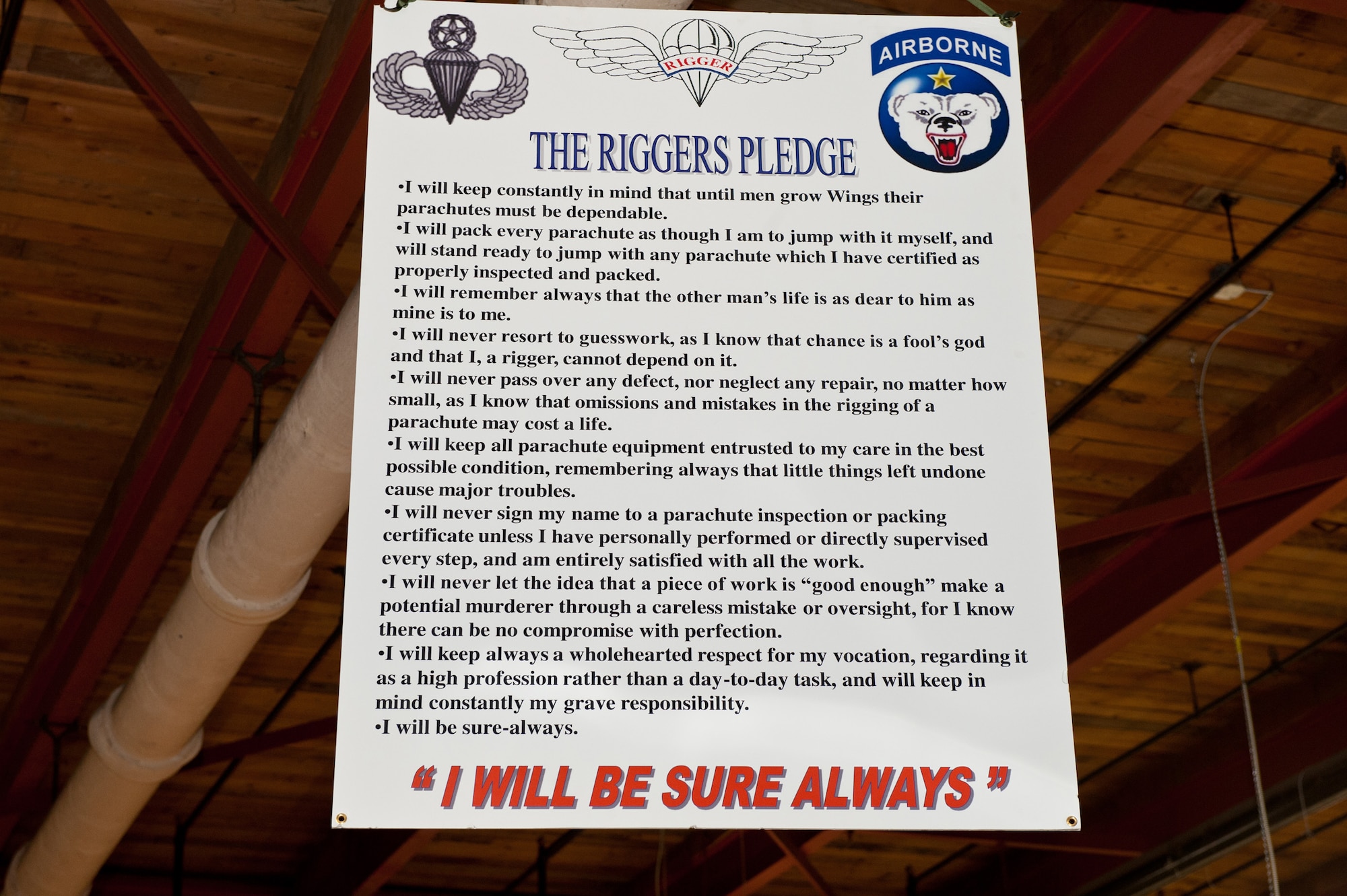 JOINT BASE ELMENDORF-RICHARDSON, Alaska - - The United States Army riggers pledge hangs from the ceiling at the 4th Quartermaster Detachment Airborne 17th Combat Sustainment Support Battalion's locations, March 4. (U.S. Air Force photo/Johnathon Green)