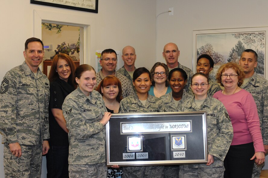 Front: Airman 1st Class Eve McKenzie, Mrs. Anne Owen, Staff Sgt. Odette Wardrip, Staff Sgt. Jessica Delgado, Staff Sgt. Jessica Wyrick and Mrs. Donna Burt.

Back: Chief Master Sgt. Kevin Jurgella, Mrs. Sharon Brown, Mr. Bryce Veasy, Staff Sgt. Caton Todd, Mrs. Jenn Grossman, Lt. Col Jeffrey Cigrang, Staff Sgt. Shameeka McKoy, Capt. Jonathan Doti.

MINOT AIR FORCE BASE, N.D. -- The 5th Medical Operations Squadron's Mental Health Flight has a total of 27 staff members assigned to provide mental health care for all Active-Duty and Active Guard personnel, dependents and retirees here. The clinic's specialties and programs include Mental Health counseling, the Alcohol & Drug Abuse Prevention & Treatment program, the Behavioral Health Optimization Program, the Drug Demand Reduction program, Suicide Prevention, the Family Advocacy Program (including outreach), Psychological Testing, the New Parent Support Program and numerous psycho-educational classes such as stress management, sleep hygiene, anger management, and more. This clinic's work has not gone unnoticed; the Mental Health Flight has been recognized numerous times including in 2008 & 2009 by Air Combat Command, as well as by Air Force Global Strike Command in 2010 as the Category II Outstanding Behavioral Health Team and in 2011 as a part of AFGSC's Biomedical Sciences Corps Team of the Year. (Photo submitted by Tech. Mark Frederici)