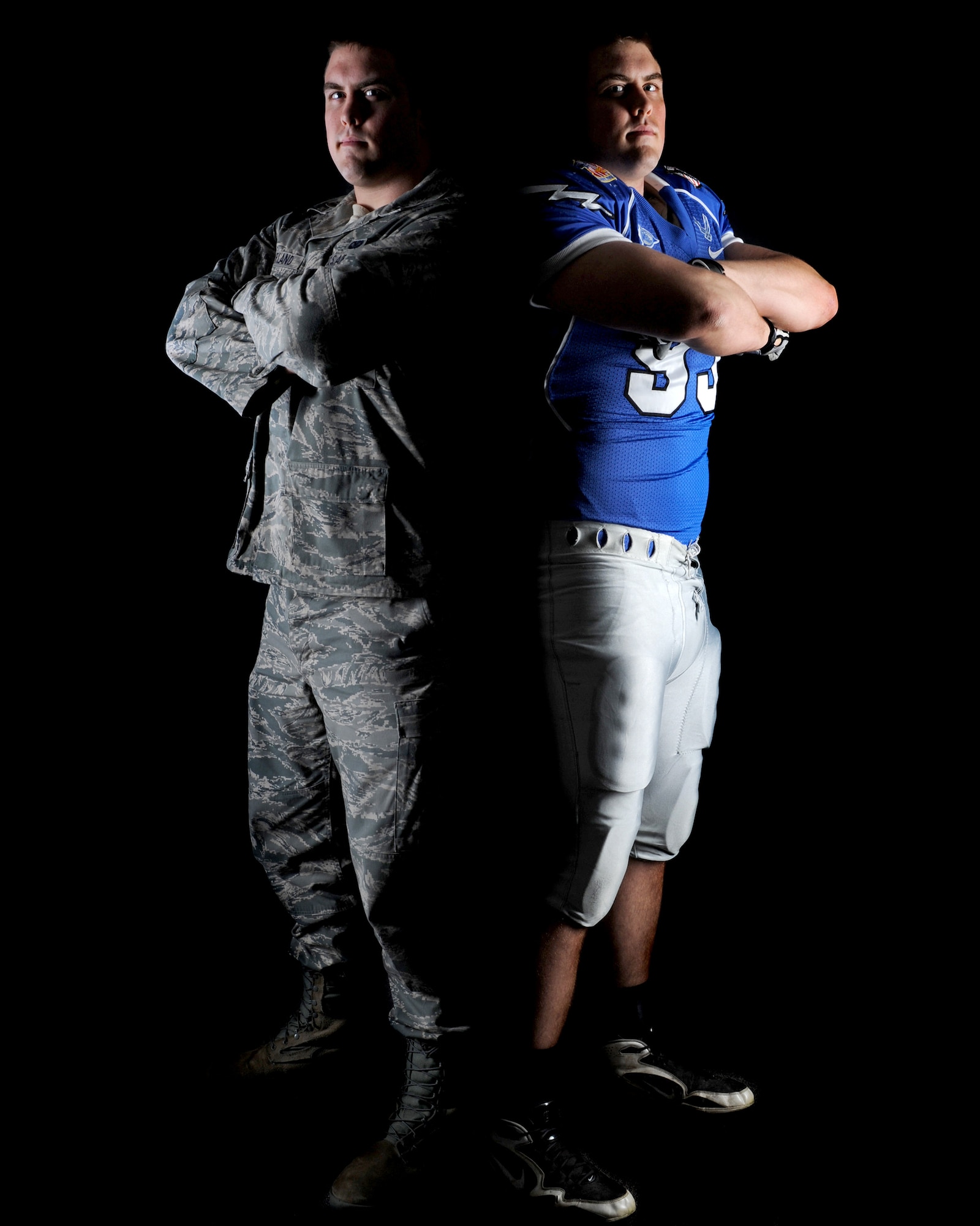 Second Lt. Ben Garland, 375th Air Mobility Wing Public Affairs chief of media operations, is pictured in his military uniform and Air Force football gear. Garland has served as a dedicated officer in the United States Air Force and has been approved for release from active duty. He is now at Denver Broncos offseason training camps where he is taking his opportunity to play pro football. (U.S. Air Force photo illustration/Staff Sgt. Brian J. Valencia)