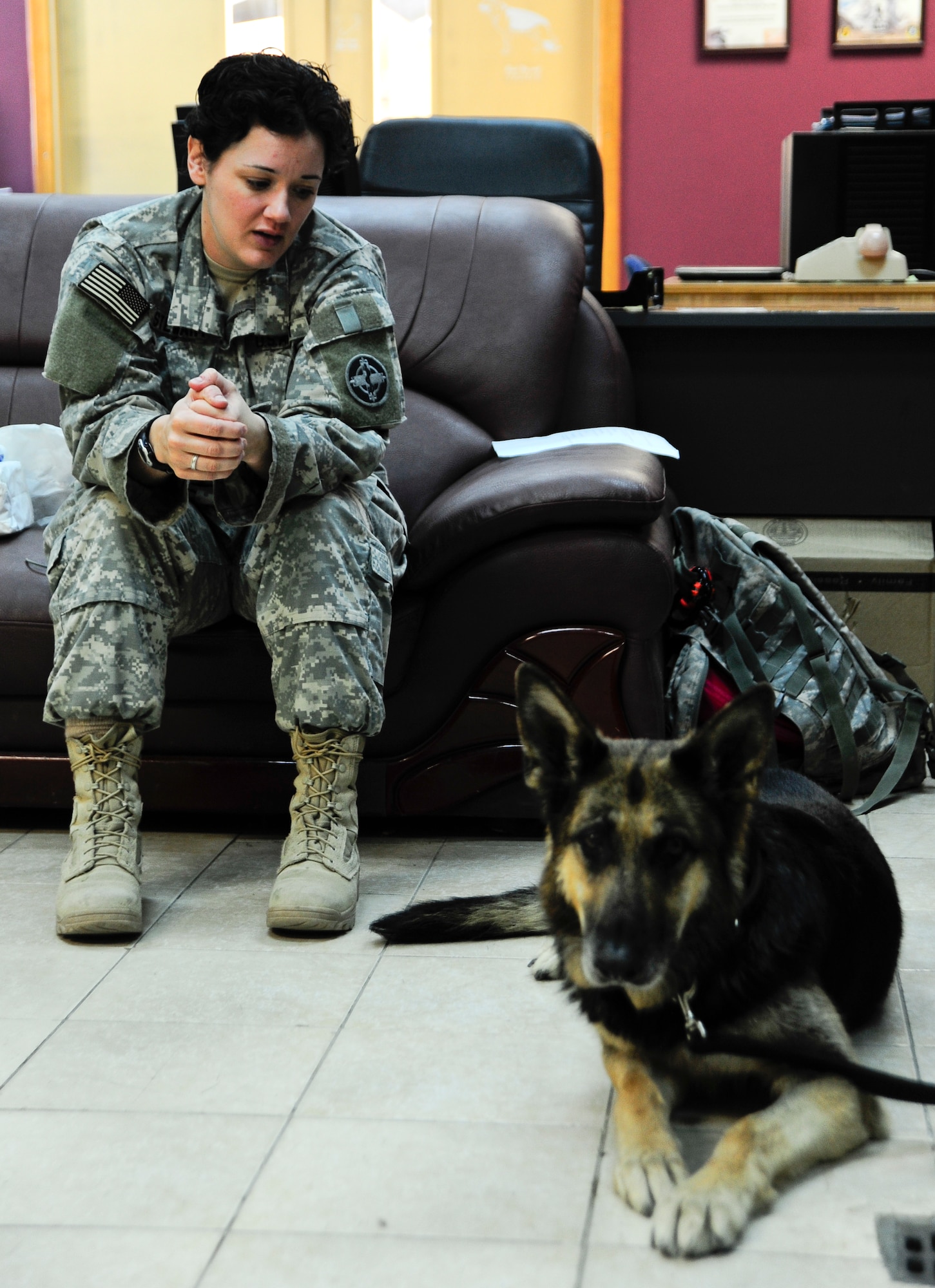 Maj. Kellie Stewart talks about medical care with Dena, a 376th Expeditionary Security Forces Squadron military working dog and Airmen of the 376th ESFS April 17, 2012, while conducting a quarterly site visit of the K-9 unit at the Transit Center at Manas, Kyrgyzstan. Stewart is the 422nd Medical Detachment Veterinary Services deputy commander deployed to Camp Arifjan, Kuwait. (U.S. Air Force photo/Staff Sgt. Angela Ruiz)