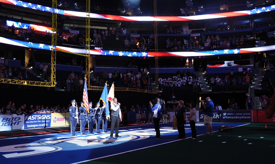 MACDILL AIR FORCE BASE, Fla. -- This 927th Honor Guard recently presented the colors at a Tampa Bay Storm game, attended by more than 8,000 fans. The honor guard is part of the 927th Air Refueling Wing, a reserve unit stationed at MacDill.  (Official U.S. Air Force photo by Staff Sgt. Jennie Chamberlin)