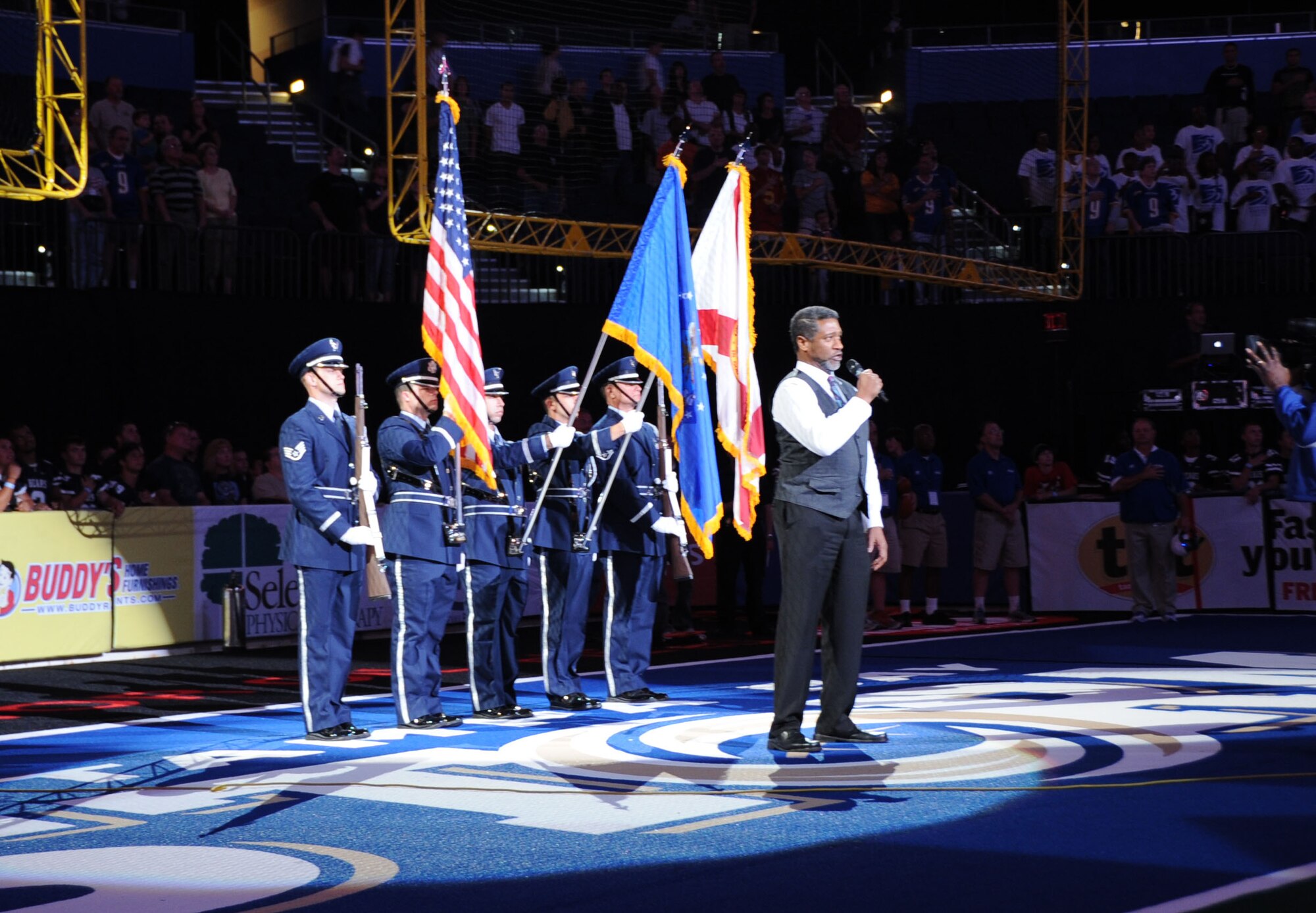 MACDILL AIR FORCE BASE, Fla. -- This 927th Honor Guard recently presented the colors at a Tampa Bay Storm game, attended by more than 8,000 fans. The honor guard is part of the 927th Air Refueling Wing, a reserve unit stationed at MacDill.  (Official U.S. Air Force photo by Staff Sgt. Jennie Chamberlin)
