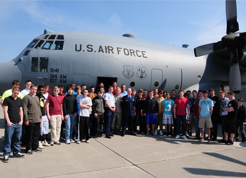 Students from Williamsville East High School, New York tour Niagara Falls Air Reserve Station on April 19, 2012. The students viewed and recieved briefings from military members from C-130 aircraft on the flightline, explosive ordance disposal (EOD), and the engine shop. (US Air Force photo by Peter Borys)