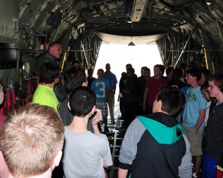 Students from Williamsville East High School, New York tour Niagara Falls Air Reserve Station on April 19, 2012. The students viewed and recieved briefings from military members from C-130 aircraft on the flightline, explosive ordance disposal (EOD), and the engine shop. (US Air Force photo by Peter Borys)