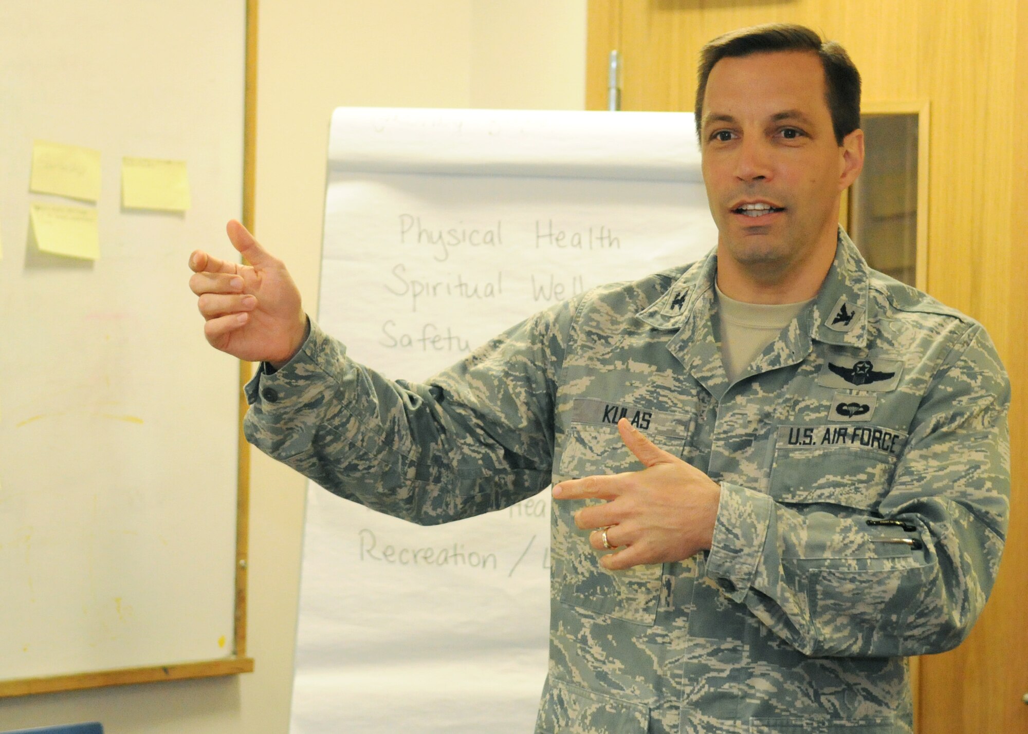 RAF MILDENHALL, England – Col. Christopher Kulas, 100th Air Refueling Wing commander, speaks with volunteers of the health and wellness support group during the Caring for People Forum at the RAF Mildenhall Chapel April 17, 2012. “Feel free to bring all of your ideas to the table,” said Kulas. “Your individual perspective can’t be wrong, because they’re based on your experiences.”  (U.S. Air Force photo/Staff Sgt. Tabitha M. Lee)