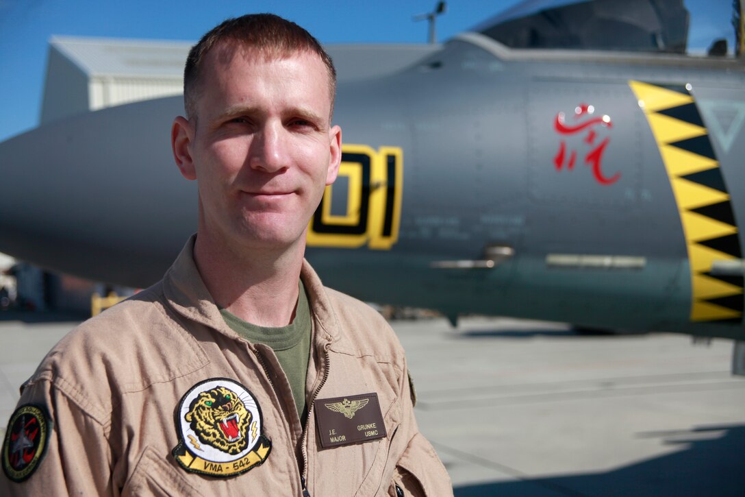 Maj. J. Eric Grunke, pictured here at Marine Corps Air Station Cherry Point, N.C., May 24, has been named Marine Corps Aviator of the Year by the Marine Corps Aviation Association. The MCAA gives the award to the pilot who makes the most outstanding contribution to Marine aviation over that past year.