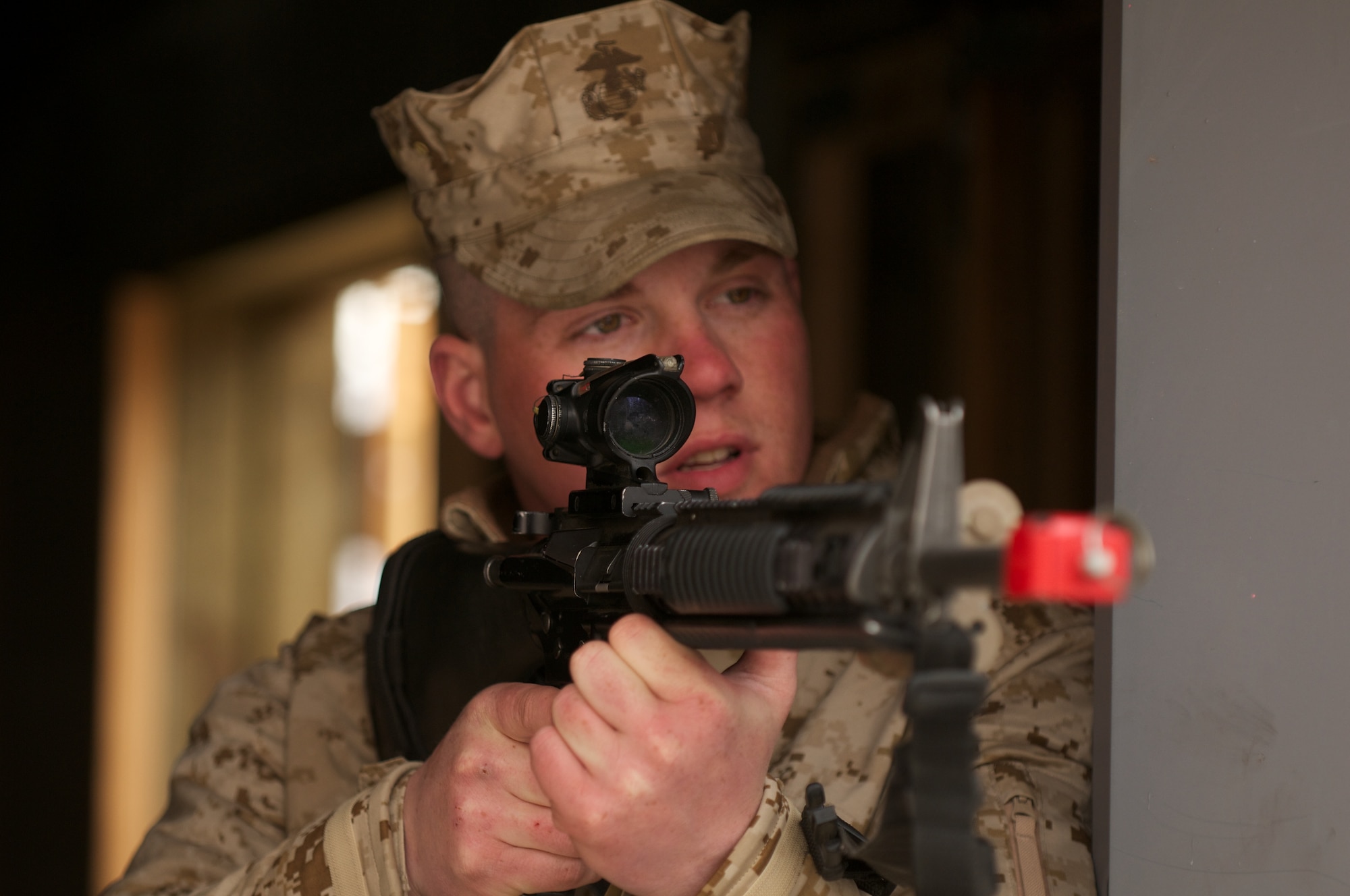 Marines of D Company, Anti-Terrorism Battalion, 4th Marine Division, train for military operations in urban terrain April 21 at Baumeister City MOUT complex. (U.S. Air Force photos/David Bedard)