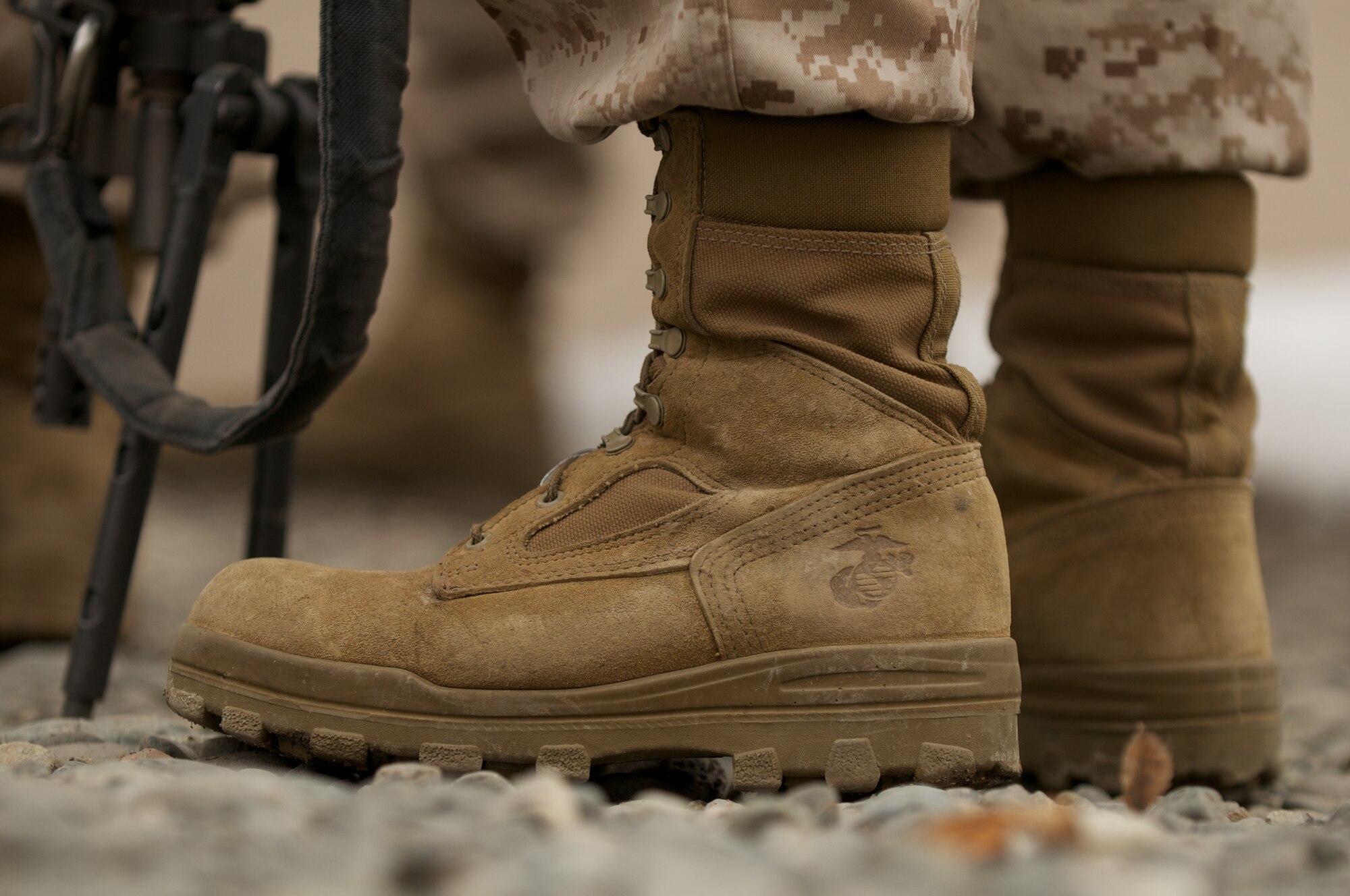 JOINT BASE ELMENDORF-RICHARDSON, Alaska -- The Marine Corps globe and anchor emblem is visible on the heel of a D Company, Anti-Terrorism Battalion Marine's boot April 21. (U.S. Air Force photo/David Bedard)