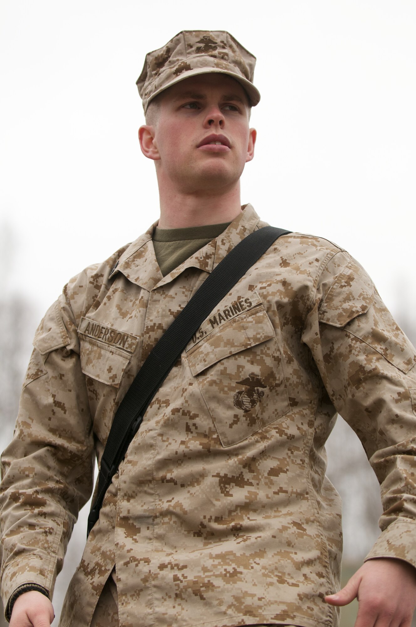 JOINT BASE ELMENDORF-RICHARDSON, Alaska -- Marine Sgt. Edwin Anderson, 1st Platoon commander, D Company, Anti-Terrorism Battalion, talks to his Marines April 21 before they train in urban operations at JBER's Baumeister City MOUT Complex. (U.S. Air Force photo/David Bedard)